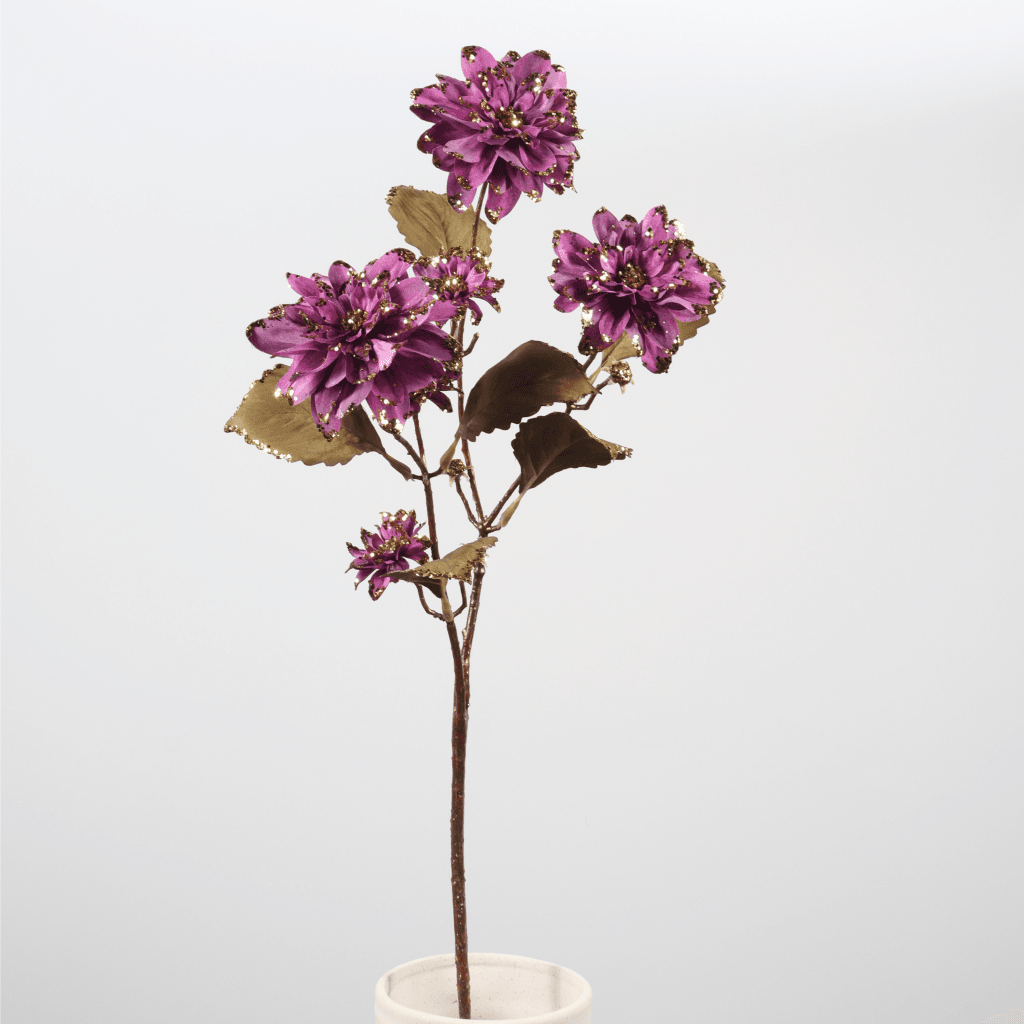 26″ Artificial Glitter Dahlia Stem with Golden Accents Purple